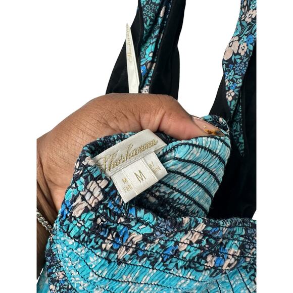 Shoshanna Blue Floral Button Front V-Neck Smocked Halter Midi Dress Size Medium - Picture 3 of 11